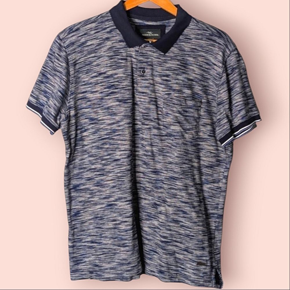 Rodd & Gunn 100% Cotton Navy Blue & Grey Abstract Stripe Polo Shirt Size L